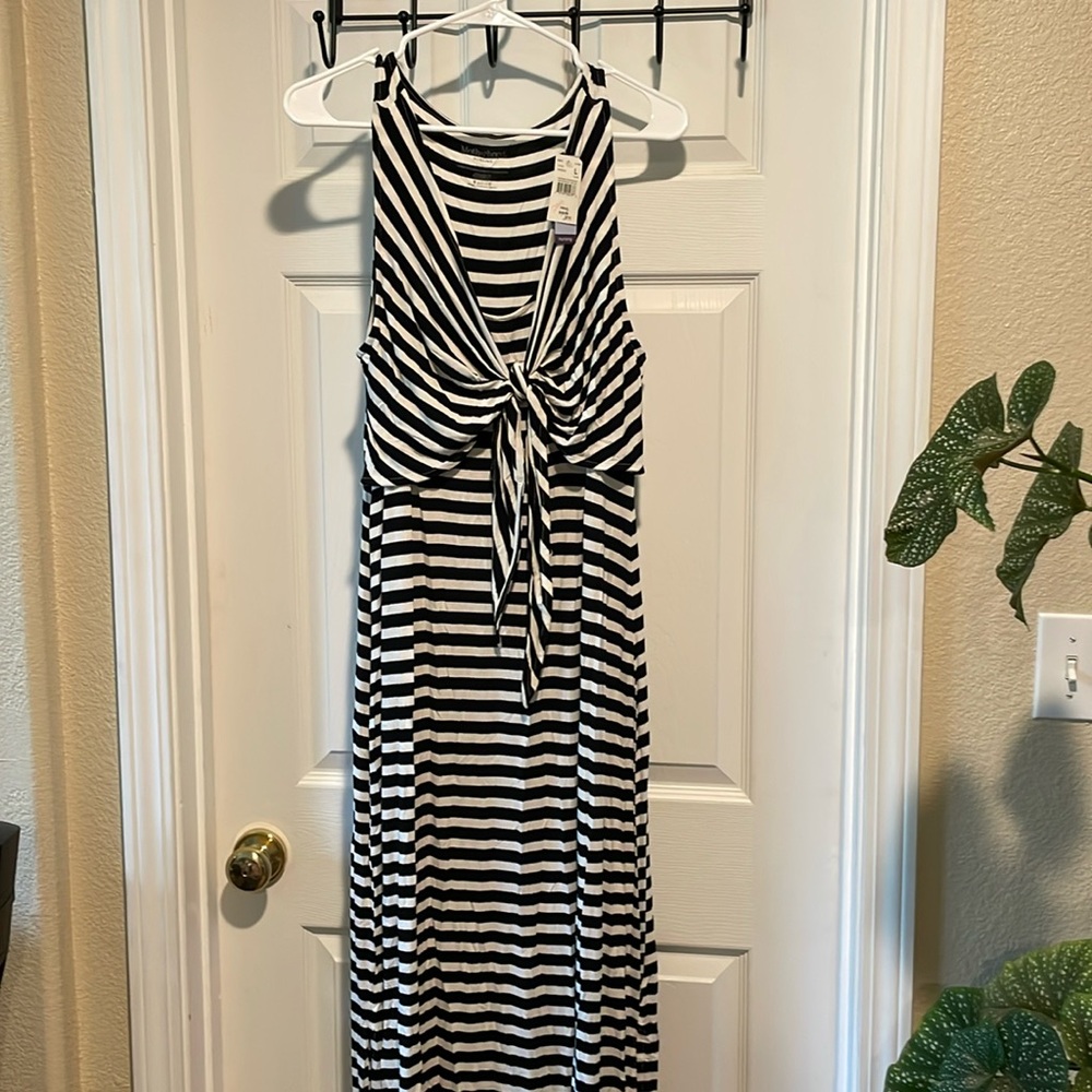 Motherhood Maternity Black and White Striped Maxi Dress with Front Tie